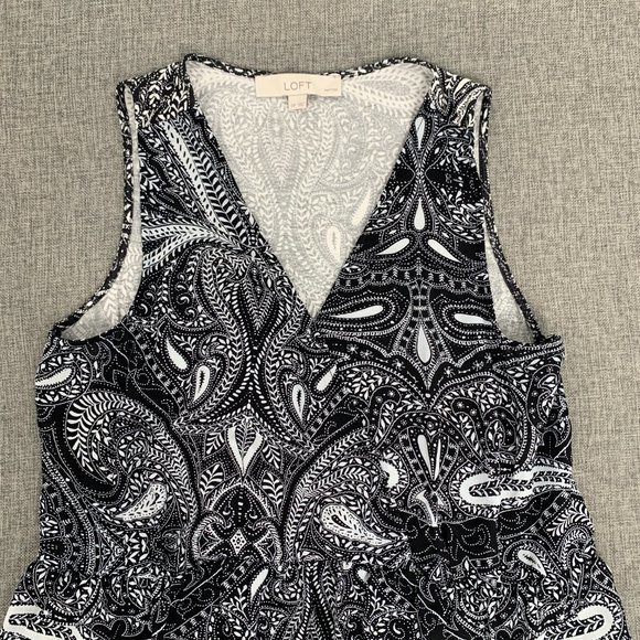 LOFT Paisley Print Blouse Black White Small Petite Elastic Cinched Waist Relaxed - Picture 2 of 11